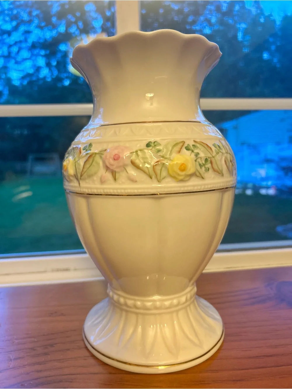 Belleek White Ceramic Vase with Pink and Yellow Floral Band